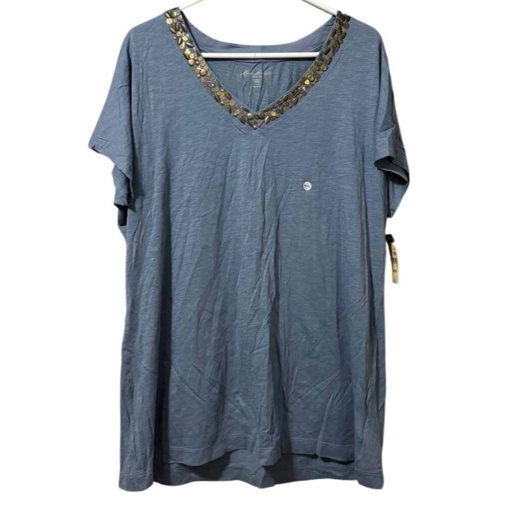 Eddie Bauer Women Knit Tee Shirt Size XXL Embellished Collar Light Blue Cotton